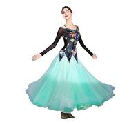 JRUIA Abbigliamento da Ballo Professionale per Donna Stampato Vestiti da Competizione di Danza Standard Nazionale Costume da Spettacolo di Valzer di Flamenco Gonna Grande Svasata,Verde,L