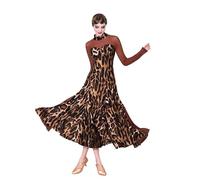 JRUIA Abbigliamento da Ballo Standard con Stampa Leopardata Abito da Ballo Moderno da Donna Collo Alto per Valzer Abbigliamento da Ballo Liscio per Tango Gonna Ampia A Trapezio,A,M