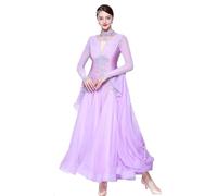 JRUIA Abbigliamento da Ballo Standard Nazionale da Donna Abiti da Gara per Ballo da Sala con Strass Gonna da Ballo Sociale per Valzer Costume da Gara per Tango con Maniche Lunghe,Viola,L