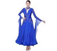 JRUIA Abbigliamento da Ballo Standard Nazionale da Donna Abiti da Gara per Ballo da Sala con Strass Gonna da Ballo Sociale per Valzer Costume da Gara per Tango con Maniche Lunghe,Blu,XL