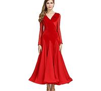 JRUIA Abbigliamento da Danza Valzer Moderno con Scollo A V da Donna Abito da Ballo Standard in Velluto Costume da Tango Flamenco A Maniche Lunghe Foxtrot Social Dancewear per Prestazione,Rosso,XL