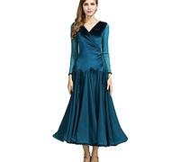 JRUIA Abbigliamento da Danza Valzer Moderno con Scollo A V da Donna Abito da Ballo Standard in Velluto Costume da Tango Flamenco A Maniche Lunghe Foxtrot Social Dancewear per Prestazione,Blu,M