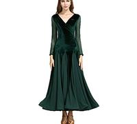 JRUIA Abbigliamento da Danza Valzer Moderno con Scollo A V da Donna Abito da Ballo Standard in Velluto Costume da Tango Flamenco A Maniche Lunghe Foxtrot Social Dancewear per Prestazione,Verde,S