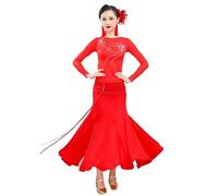 JRUIA Abiti da Allenamento in Valzer per Le Donne Abito da Sala da Ballo A Manica Lunga Gonna A Pieghe da Ballo Moderna di Maglia Costumi per Prestazioni del Banchetto,Rosso,S