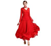 JRUIA Abiti da Ballo da Sala con Scollo A V per Donna Abito da Ballo Moderno per Valzer A Maniche Lunghe Costumi per L'allenamento della Salsa Gonna per Esercizi di Tango Flamenco A Linea,Rosso,M
