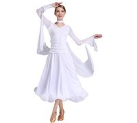 JRUIA Abiti da Ballo da Sala con Scollo A V per Donna Abito da Ballo Moderno per Valzer A Maniche Lunghe Costumi per L'allenamento della Salsa Gonna per Esercizi di Tango Flamenco A Linea,Bianca,L