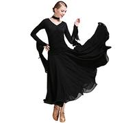 JRUIA Abiti da Ballo da Sala con Scollo A V per Donna Abito da Ballo Moderno per Valzer A Maniche Lunghe Costumi per L'allenamento della Salsa Gonna per Esercizi di Tango Flamenco A Linea,Nero,S