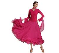 JRUIA Abiti da Ballo da Sala con Scollo A V per Donna Abito da Ballo Moderno per Valzer A Maniche Lunghe Costumi per L'allenamento della Salsa Gonna per Esercizi di Tango Flamenco A Linea,Rose,M