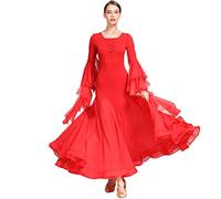 JRUIA Abiti da Ballo da Sala Standard per Le Donne Abito da Ballo di Flamenco A Maniche Lunghe Vestito da Pratica di Tango Valzer Moderno Costume da Festa Sociale Ampia Gonna A Trapezio,Rosso,XXL