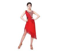 JRUIA Abiti da Ballo Latino Americano da Donna Abbigliamento Senza Maniche per Il Tango Abbigliamento da Ballo da Sala Abito da Salsa E Cha Cha Gonna con Frange E Orlo Asimmetrico,Rosso,XL