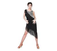JRUIA Abiti da Ballo Latino Americano da Donna Abbigliamento Senza Maniche per Il Tango Abbigliamento da Ballo da Sala Abito da Salsa E Cha Cha Gonna con Frange E Orlo Asimmetrico,Nero,XL
