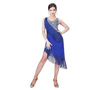JRUIA Abiti da Ballo Latino Americano da Donna Abbigliamento Senza Maniche per Il Tango Abbigliamento da Ballo da Sala Abito da Salsa E Cha Cha Gonna con Frange E Orlo Asimmetrico,Blu,L
