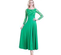 JRUIA Abiti da Ballo Standard in Pizzo per Donna Completo da Ballo Moderno per La Pratica del Valzer Costume Pieghettato da Allenamento di Salsa di Tango con Strass Gonna Lunga Svasata,Verde,XXL