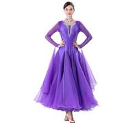 JRUIA Abiti da Ballo Standard Nazionale Costume da Gara di Tango E Valzer con Scollo Rotondo Gonna da Ballo Sociale da Donna Splendido Abito da Ballo per Spettacoli,Viola,3XL