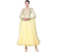 JRUIA Abiti da Competizione da Ballo da Sala Professionista per Donne Ricamo Outfit da Ballo delle Prestazioni in Valzer Tango Abbigliamento Salsa Foxtrot Grande Gonna Oscillante,Giallo,L