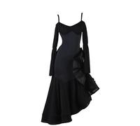 JRUIA Abiti da Competizione di Ballo da Sala per Donna Costume da Foxtrot Valzer Abbigliamento per La Danza del Flamenco Abbigliamento Standard Gonna Altalena con Foglia di Loto Grande,Nero,XL