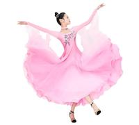 JRUIA Abiti da Competizione Valzer da Donna Abito da Ballo da Sala Standard A Manica Lunga Costume per Prestazioni del Banchetto con Ricamo E Strass Grande Gonna Oscillante,Rosa,S