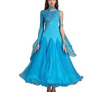 JRUIA Abiti da Concorso di Danza da Sala da Ballo Standard Nazionale in Pizzo per Donna Costume da Spettacolo di Valzer di Tango Moderno Abbigliamento Professionale da Flamenco Foxtrot,Lakeblue,XXL