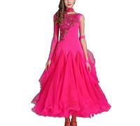 JRUIA Abiti da Concorso di Danza da Sala da Ballo Standard Nazionale in Pizzo per Donna Costume da Spettacolo di Valzer di Tango Moderno Abbigliamento Professionale da Flamenco Foxtrot,RoseRed,M