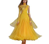 JRUIA Abiti da Concorso di Danza da Sala da Ballo Standard Nazionale in Pizzo per Donna Costume da Spettacolo di Valzer di Tango Moderno Abbigliamento Professionale da Flamenco Foxtrot,Giallo,L