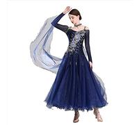 JRUIA Abiti da Concorso per Balli da Sala Professionali da Donna Abito Standard Nazionale di Fascia Alta con Strass Costume da Prestazione Valzer A Maniche Lunghe in Rete,Navyblue,L