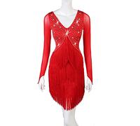 JRUIA Abiti da Pratica di Danza Latina Marginale da Donna V Neck Cha Cha Tango Prestazione Costumi Outfit da Sa'la da Ballo con Strass Gonna per Rumba Samba,D,XXL