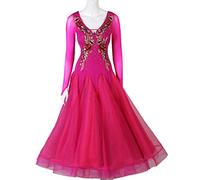 JRUIA Abiti da Sala da Ballo con Ricamo da Donna Vestito da Ballo di Tango con Scollo A V Abito da Prestazione Standard Nazionale in Rete Costumi da Concorso Salsa Foxtrot Moderni,RoseRed,L