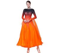 JRUIA Abiti Nazionali di Danza Standard Abito da Sala da Ballo Professionale per Donne A Maniche Lunghe Costume per Prestazioni in Valzer con Strass Grande Gonna Oscillante,Arancia,L