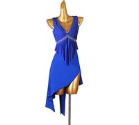 JRUIA Abito da Ballo Latino da Donna Abiti Professionali da Tango con Scollo A V Costume da Prestazione Ballo Sociale Cha Cha Senza Maniche Abiti da Ballo di Salsa con Retro Vuoto,Blu,XXL