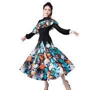 JRUIA Abito da Ballo per Spettacoli di Flamenco A Maniche Lunghe Abiti da Concorso di Danza da Sala Nazionale Stampati per Donna Squisito Costume da Tango Valzer Professionale,Blu,XL