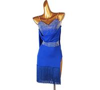 JRUIA Abito da Competizione Professionale di Danza Latina Senza Schienale per Donna Costumi Prestazione Cha Cha con Vuoto Abiti da Ballo in Salsa di Nappe con Strass Gonna A Fessura,RoyalBlue,M
