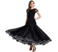 JRUIA Costume da Concorso di Danza da Donna A Maniche Corte Abiti da Ballo Ricamati Costume da Flamenco Vestito da Ballo per Esibizioni di Valzer di Tango Grande Gonna Altalena,Nero,XL
