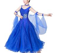 JRUIA Costume da Gara di Tango Abiti da Ballo da Sala con Scollo Rotondo Abito da Valzer con Nastro Abbigliamento da Ballo Standard Nazionale da Donna Grande Swing in Tulle Gonna,Blu,XXL