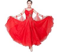 JRUIA Costume da Gara di Tango Abiti da Ballo da Sala con Scollo Rotondo Abito da Valzer con Nastro Abbigliamento da Ballo Standard Nazionale da Donna Grande Swing in Tulle Gonna,Rosso,M