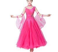 JRUIA Costume da Gara di Tango Abiti da Ballo da Sala con Scollo Rotondo Abito da Valzer con Nastro Abbigliamento da Ballo Standard Nazionale da Donna Grande Swing in Tulle Gonna,Rose,M