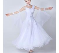 JRUIA Costume da Gara di Tango Abiti da Ballo da Sala con Scollo Rotondo Abito da Valzer con Nastro Abbigliamento da Ballo Standard Nazionale da Donna Grande Swing in Tulle Gonna,Bianca,XL