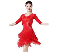 JRUIA Costume da Spettacolo di Cha Cha Abito da Ballo Latino da Donna con Nappe A Strati E Strass Abbigliamento da Ballo per Samba E Salsa Abiti da Ballo da Tango con Scollo A V,B,3XL