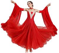JRUIA Costume da Spettacolo di Tango per Donna Abiti da Ballo per La Competizione di Salsa Valzer Abito da Ballo da Sala Flamenco con Squisita Copertura per Il Collo Grande Oscillazione,Rosso,L