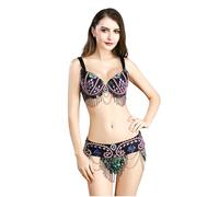 JRUIA Costumi da Danzatrice del Ventre da Donna Spettacolo Professionale di Carnevale Vestito da Ballo Abbigliamento in Maschera Set di 2 Pezzi con Reggiseno E Cintura di Danza del Ventre,Nero,S
