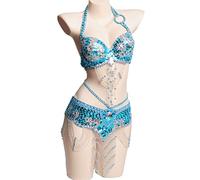 JRUIA Costumi da Danzatrice del Ventre da Donna Spettacolo Professionale di Carnevale Vestito da Ballo Abbigliamento in Maschera Set di 2 Pezzi con Reggiseno E Cintura di Danza del Ventre,B,L