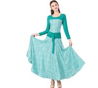 JRUIA Costumi da Spettacolo di Valzer Stampati da Donna Abiti da Allenamento per La Danza da Sala da Ballo Flamenco A Maniche Lunghe in Rete Girocollo Tango Abito da Ballo Plissettati,Verde,XXL