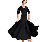 JRUIA Gonna da Ballo Valzer Abbigliamento da Ballo per Danza Classica con Scollo A V Abiti da Ballo da Sala da Donna A Maniche Corte Abito da Sera Elegante Lunghezza Plissettata Praisewear,Nero,XL