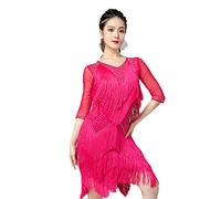 JRUIA Gonne da Ballo Latino con Scollo A V per Donna Abbigliamento da Ballo Cha Cha con Frange Irregolari Abito da Ballo di Salsa A Manica Media Abiti da Ballo Liscio con Strass,Rose,XXL