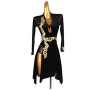 JRUIA Ricamo Latin Dance Competition Abbigliamento da Ballo Abito da Ballo Moderno con Scollo A V per Spettacoli di Tango Costume da Cha Cha A Maniche Lunghe Abito da Ballo di Salsa Standard,d'oro,S