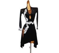JRUIA Ricamo Latin Dance Competition Abbigliamento da Ballo Abito da Ballo Moderno con Scollo A V per Spettacoli di Tango Costume da Cha Cha A Maniche Lunghe Abito da Ballo di Salsa Standard,Nero,S
