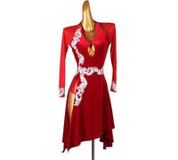 JRUIA Ricamo Latin Dance Competition Abbigliamento da Ballo Abito da Ballo Moderno con Scollo A V per Spettacoli di Tango Costume da Cha Cha A Maniche Lunghe Abito da Ballo di Salsa Standard,Rosso,XL