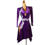 JRUIA Ricamo Latin Dance Competition Abbigliamento da Ballo Abito da Ballo Moderno con Scollo A V per Spettacoli di Tango Costume da Cha Cha A Maniche Lunghe Abito da Ballo di Salsa Standard,Viola,M