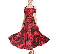 JRUIA Stampa dell'Abito da Ballo per L'allenamento di Tango Abiti da Ballo da Sala A Maniche Corte per Donna Costume Moderno da Flamenco in Salsa Foxtrot Valzer Prestazione Dancewear,Bigred,XL