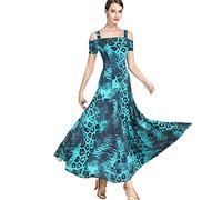 JRUIA Stampa dell'Abito da Ballo per L'allenamento di Tango Abiti da Ballo da Sala A Maniche Corte per Donna Costume Moderno da Flamenco in Salsa Foxtrot Valzer Prestazione Dancewear,Blu,XL