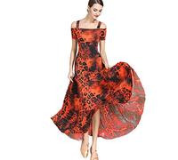 JRUIA Stampa dell'Abito da Ballo per L'allenamento di Tango Abiti da Ballo da Sala A Maniche Corte per Donna Costume Moderno da Flamenco in Salsa Foxtrot Valzer Prestazione Dancewear,Arancia,XL